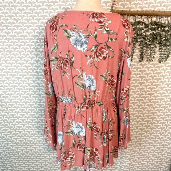 Torrid Babydoll Gauze Crochet Trim Floral Lace-Up Top Dusty Coral Plus Size 1 1X - Picture 10 of 14